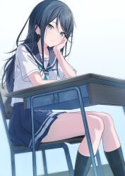 1girl absurdres arm_support black_hair black_socks blue_skirt chair closed_mouth commentary_request desk feet_out_of_frame hair_between_eyes hand_on_own_cheek hand_on_own_face head_rest highres hoshino_ichika_(project_sekai) kneehighs long_hair looking_at_viewer on_chair pleated_skirt project_sekai sailor_collar school_chair school_desk school_uniform serafuku shirt short_sleeves sidelocks sitting skirt socks solo timmoo white_background white_shirt