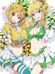 2girls ahoge artist_name blonde_hair blue_skirt blue_thighhighs blush breasts cheerleader cleavage cowboy_shot cropped_shirt earrings elbow_gloves full_body glint gloves green_eyes green_shirt green_skirt hair_between_eyes hair_ornament hand_up heart highres holding holding_pom_poms hoshii_miki ibuki_tsubasa idolmaster idolmaster_(classic) idolmaster_million_live! idolmaster_million_live!_theater_days jewelry large_breasts long_hair looking_at_viewer midriff miniskirt multiple_girls navel necklace oomura_karasu open_mouth pink_eyes pleated_skirt pom_pom_(cheerleading) pom_poms print_shirt sample_watermark shadow shirt shoes short_hair short_sleeves simple_background single_earring skirt sleeveless sleeveless_shirt smile standing star_(symbol) star_earrings star_hair_ornament star_print text_print thigh_strap thighhighs tied_shirt watermark white_background white_gloves wing_hair_ornament yellow_shirt