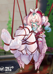1girl anal anal_object_insertion aqua_bow aqua_bowtie arms_behind_back ball_gag bdsm blue_hair bondage bound bound_legs bow bowtie chinese_commentary commentary_request crossed_ankles drill_hair gag gradient_hair green_eyes hat highres holding honkai:_star_rail honkai_(series) hyacine_(honkai:_star_rail) long_hair multicolored_hair object_insertion pantyhose pink_hair pixiv_id red_hat red_rope restrained rope sex_toy shibari shibari_over_clothes soles solo suspension thighs twin_drills two-tone_hair vibrator white_pantyhose yiduan_zhu