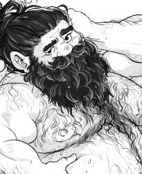 1boy bara beard belly_grab dungeon_meshi dwarf facial_hair fat fat_man gentil_lezard hairy hand_on_own_head highres long_beard male_focus mustache nude puffy_chest senshi_(dungeon_meshi) solo thick_arm_hair thick_chest_hair thick_mustache uneven_eyes unfinished upper_body very_hairy very_long_beard
