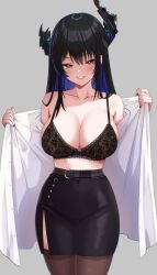 Rule 34 | 1girl, asymmetrical horns, bare shoulders, black bra, black hair, black horns, black pantyhose, black skirt, blue hair, bra, breasts, cleavage, collarbone, cowboy shot, elazu, grey background, hololive, hololive english, horns, large breasts, mole, mole under eye, nerissa ravencroft, open clothes, open shirt, pantyhose, purple eyes, shirt, simple background, skirt, solo, underwear, uneven horns, virtual youtuber, white shirt
