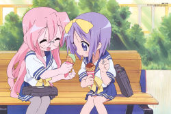 Rule 34 | 00s, food, hiiragi tsukasa, ice cream, lucky star, pantyhose, school uniform, serafuku, takara miyuki, tongue, yamada naoko
