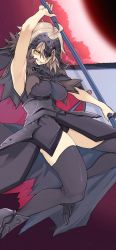 10mo 1girl absurdres armor armored_boots armored_dress armpits black_thighhighs blonde_hair boots breasts capelet chain clenched_teeth dress fate/grand_order fate_(series) greaves hair_between_eyes headpiece highres jeanne_d&#039;arc_(fate) jeanne_d&#039;arc_alter_(avenger)_(fate) jeanne_d&#039;arc_alter_(fate) large_breasts solo standard_bearer sword teeth thighhighs thighs weapon yellow_eyes