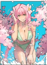 1girl bikini blue_background border breasts cherry_blossoms cleavage closed_mouth collarbone cowboy_shot flower green_bikini green_eyes hair_flower hair_ornament hand_in_own_hair hand_on_own_leg hand_up large_breasts leaning_forward long_hair looking_at_viewer mole mole_under_eye official_alternate_costume pink_flower pink_hair rune_factory rune_factory:_guardians_of_azuma smile solo sorao_(rkrnsarabaneko) swimsuit ulalaka white_border