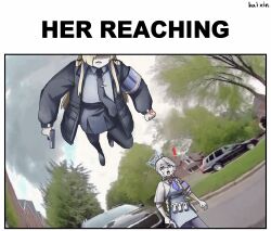! 2girls absurdres ai-generated_background anger_vein artist_name blue_archive car commentary english_text gun halo handgun highres holding holding_gun holding_weapon kai_xin kanna_(blue_archive) kirino_(blue_archive) meme motor_vehicle multiple_girls officer_flying_pov_(meme) outdoors police police_uniform policewoman shaded_face sweatdrop tree weapon