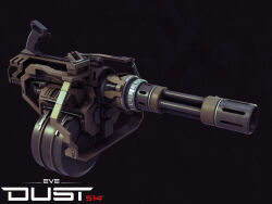 Rule 34 | 3d, autodesk 3ds max (medium), cable, commentary, copyright logo, copyright name, dark background, drum magazine, dust 514, eve online, flewda (josh powers), gatling gun, glowing, grey background, gun, heavy machine gun, highres, logo, machine gun, magazine (weapon), modo (medium), no humans, photorealistic, photoshop (medium), realistic, science fiction, weapon, weapon focus