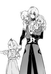 2boys 2girls aged_down anaxa_(honkai:_star_rail) castorice_(honkai:_star_rail) child cowboy_shot eyepatch grabbing_another&#039;s_hair highres holding holding_stuffed_toy honkai:_star_rail honkai_(series) hyacine_(honkai:_star_rail) little_ica_(honkai:_star_rail) long_hair medium_hair mon_mon4488 monochrome multiple_boys multiple_girls phainon_(honkai:_star_rail) pointy_ears simple_background standing stuffed_toy twintails white_background