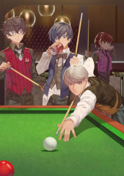 10s 1girl 3boys :d aiming alternate_costume amamiya_ren ball belt bent_over billiard_ball billiards black_bow black_bowtie black_eyes black_hair black_shirt blue_eyes blue_hair bow bowtie ceiling_light closed_mouth club3 cue_stick formal_clothes glasses grey_eyes head_rest highres holding indoors long_sleeves looking_at_viewer multiple_boys narukami_yu necktie open_mouth pants persona persona_3 persona_3_portable persona_4 persona_5 ponytail pool_table red_eyes red_hair shadow shiomi_kotone shirt silver_hair smile stool swept_bangs table traditional_bowtie untucked_shirt vest white_shirt yuuki_makoto_(persona_3)