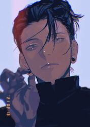 1boy absurdres adjusting_earrings black_hair closed_mouth earrings expressionless eyelashes getou_suguru highres jewelry jujutsu_kaisen kuropani_cos looking_at_viewer male_focus portrait shirt short_hair solo upper_body