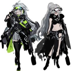 2017 2girls :d ahoge bag black-framed_eyewear black_bra black_footwear black_jacket black_legwear black_neckwear bra character_request duffel_bag eyewear_on_head girls&#039;_frontline green-tinted_eyewear grey_hair grey_skirt grin hair_between_eyes hair_flaps holding holding_weapon jacket long_hair looking_at_viewer looking_away looking_down looking_to_the_side midriff multiple_girls neon_trim one_eye_closed open_mouth pleated_skirt ponytail ran_(bukeranwu) red_eyes salute shoulder_bag shoulder_strap simple_background single_sidelock skirt smile thighhighs tinted_eyewear two-finger_salute underwear wavy_hair weapon white_background white_hair yellow_eyes zettai_ryouiki