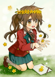 1girl blue_skirt blush brown_eyes brown_hair flower ga_geijutsuka_art_design_class glasses head_wreath kawai_makoto kneehighs kneeling long_hair long_sleeves looking_away open_mouth pencil pleated_skirt ponytail round_eyewear sidelocks sketchbook skirt smile socks solo white_socks yamaguchi_kisaragi