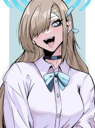 Rule 34 | 1girl, asuna (blue archive), asuna (school uniform) (blue archive), asymmetrical bangs, blue archive, blue bow, blue bowtie, blue eyes, blue halo, blue ribbon, blush, bow, bowtie, breasts, button gap, hair over one eye, halo, highres, large breasts, long hair, looking at viewer, loose bowtie, mole, mole on breast, nagainegi, ribbon, school uniform, shirt, smile, very long hair, white shirt