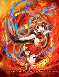 1girl between_breasts blush boots breasts brown_eyes brown_hair card copyright_notice crown dress duel_masters duel_masters_play&#039;s electricity fire gloves kokko_rupiko long_hair looking_at_viewer magic_circle matsumoto_eight medium_breasts mini_crown official_art open_mouth red_dress sleeveless sleeveless_dress smile solo strap_between_breasts very_long_hair