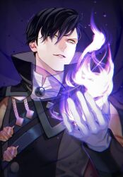 1boy black_hair commentary_request fire fire_emblem fire_emblem:_three_houses gloves green_eyes high_collar highres hubert_von_vestra hubert_von_vestra_(timeskip) long_sleeves magic male_focus nintendo oas parted_lips purple_background purple_fire short_hair simple_background solo swept_bangs twitter_username white_gloves