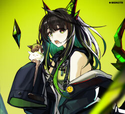 1girl ^v^ absurdres ahoge arknights black_hair emoji five-fall food green_eyes highres holding holding_ice_cream_cone horns ice_cream ice_cream_cone long_hair long_sleeves looking_at_viewer mon3tr_(arknights)