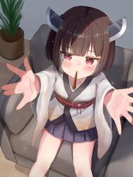 1girl \||/ black_hair black_skirt blush bow closed_mouth commentary_request couch food food_in_mouth from_above highres incoming_pocky_kiss indoors japanese_clothes kimono knife_hair_ornament kuricona looking_at_viewer looking_up obi on_couch outstretched_arms palms perspective pink_bow plant pleated_skirt pocky pocky_day pocky_in_mouth potted_plant reaching reaching_towards_viewer red_eyes rice_print sash short_hair short_kimono sitting skirt touhoku_kiritan voiceroid white_kimono