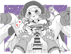 1boy 1girl anus ass bar_censor breasts censored facepaint female_pubic_hair fingerless_gloves gloves greyscale hat heart heriyama hetero hiiragi_no_horin imminent_penetration imminent_vaginal medium_breasts monochrome one_eye_closed onmyou_taisenki penis precum pubic_hair pussy simple_background spoken_heart spot_color spread_legs spread_pussy white_background