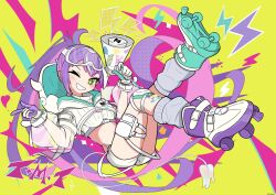 1girl artist_request bandaid bandaid_on_leg crop_top gloves green_eyes highres hololive hood hood_down megaphone one_eye_closed purple_hair roller_skates shorts skates solo tail tokoyami_towa tokoyami_towa_(cyberpunk) virtual_youtuber white_shorts
