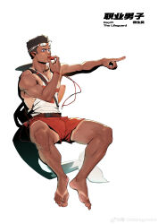 Rule 34 | 1boy, absurdres, bara, bulge, dark-skinned male, dark skin, dragonpie, fins, fish boy, fish tail, frown, full body, goggles, goggles on head, highres, invisible chair, large pectorals, lifeguard, male focus, male swimwear, mature male, muscular, muscular male, original, pectoral cleavage, pectorals, pointing, pointing forward, pointy ears, red male swimwear, short hair, sitting, solo, spread legs, swim trunks, tail, tan, tanline, thick eyebrows, thick thighs, thighs, white background