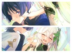 1boy 1girl arm_at_side armlet armpit_crease black_bodysuit blue_cape blue_sleeves blunt_ends blush bodysuit bright_pupils cape closed_eyes closed_mouth detached_sleeves double-parted_bangs dress eyelashes facing_another finger_to_another&#039;s_cheek fingernails genshin_impact gold gold_trim green_hair green_sleeves hair_between_eyes hair_ornament hand_up happy highres index_finger_raised japanese_clothes jewelry kimono layered_sleeves leaf leaf_hair_ornament light_blush long_hair multicolored_hair nahida_(genshin_impact) onigiri_po_0205 purple_eyes purple_hair purple_rope rope scaramouche_(genshin_impact) short_sleeves side_ponytail sidelocks streaked_hair tsurime turtleneck turtleneck_bodysuit wanderer_(genshin_impact) white_dress white_kimono white_pupils white_sleeves