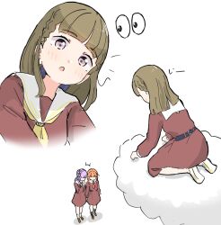 Rule 34 | 3girls, :o, black socks, blush, braid, brown dress, brown hair, brown shoes, center-flap bangs, cerise bouquet, commentary, dress, eavesdropping, hair bun, hasu no sora school uniform, highres, hinoshita kaho, kachimachi kosuzu, link! like! love live!, long hair, long sleeves, looking at another, love live!, medium dress, multiple girls, multiple views, neckerchief, on cloud, open mouth, orange hair, otomune kozue, purple hair, sailor collar, sailor dress, school uniform, seiza, shoes, side ahoge, side braids, side ponytail, single side bun, sitting, socks, standing, symbol-only commentary, tazaki masanobu, uwabaki, virtual youtuber, white sailor collar, white socks, winter uniform, yellow neckerchief, yellow shoes