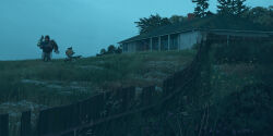 1girl abandoned american_flag carrying carrying_person fence flower grass gun head-mounted_display highres house original robot science_fiction simon_stalenhag tree weapon wooden_fence