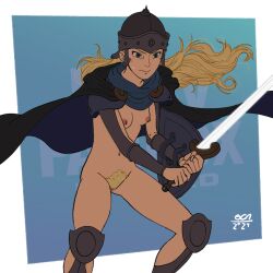 1girl armor blonde_hair breasts brown_cape cape censored closed_mouth eowyn female_focus female_pubic_hair fighting_stance floating_cape floating_hair functionally_nude helmet holding holding_sword holding_weapon long_hair mosaic_censoring navel nipples oca-world pubic_hair shield shoulder_armor small_breasts solo standing sweat sweatdrop sword the_lord_of_the_rings thighs tolkien&#039;s_legendarium weapon