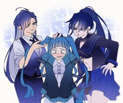3girls ado_(utaite) ahoge animal_ears black_pants black_ribbon black_shirt black_skirt blue_eyes blue_hair blue_jacket blue_skirt blue_vest collared_shirt commentary_request dress_shirt hand_on_own_hip headpat highres holding_another&#039;s_hair jacket long_hair merry_(ado) midriff multiple_girls naima_(ado) navel neck_ribbon nervous_sweating open_clothes open_mouth open_shirt pants pike_(azas_ef) pleated_skirt ponytail readymade_(ado) ribbon rule-chan_(ado) rule_(ado) shirt skirt sweat twintails two-tone_skirt usseewa vest white_shirt