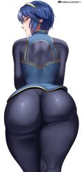 1girl absurdres arcedo artist_name ass back blue_eyes blue_hair blush eyebrows_hidden_by_hair fire_emblem hairband highres lucina_(fire_emblem) nintendo pants patreon_logo patreon_username short_hair smile solo standing teeth