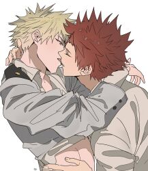 2boys arm_around_neck bakugou_katsuki blonde_hair boku_no_hero_academia buttoned_cuffs buttons closed_eyes clothes_lift collared_shirt commentary depisx french_kiss grey_jacket hashtag-only_commentary highres jacket jacket_lift kirishima_eijiro kiss long_sleeves looking_at_another male_focus midriff multiple_boys open_collar red_hair school_uniform sharp_teeth shirt short_hair simple_background spiked_hair teeth tongue u.a._school_uniform upper_body white_background white_shirt wing_collar yaoi