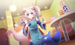 Rule 34 | 1girl, ahoge, animal ear fluff, animal ears, apron, artist request, bell, blue apron, blue eyes, blue shirt, broken, ceiling, cup, curtains, detached sleeves, door, fox ears, fox girl, fox tail, frown, hair bell, hair ornament, holding, holding cup, howan (show by rock!!), indoors, kneeling, lens flare, mug, official art, on floor, parted lips, pillow, pink hair, red nails, red skirt, sad, sailor collar, shards, shirt, short hair, show by rock!!, side ponytail, skirt, sleeveless, sleeveless shirt, solo, sparkle, table, tail, tearing up, third-party source, window