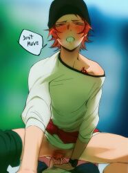 2boys blush bottomless clothes_around_waist collarbone commentary cuntboy cuntboy_with_male english_commentary english_text erection highres k-project large_clitoris long_sleeves looking_at_viewer male_focus male_pubic_hair multiple_boys off_shoulder pants_around_one_leg penis pubic_hair pussy_juice shirt solo_focus speech_bubble spread_legs treslech3s uncensored vaginal watch white_shirt wristwatch yata_misaki
