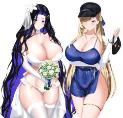 absurdres arm_under_breasts bag bare_shoulders bikini black_hair black_hat blonde_hair blue_dress blue_eyes blue_ribbon bouquet breasts brown_dust_(series) brown_dust_2 choker cleavage closed_mouth collarbone colored_inner_hair commentary covered_navel cowboy_shot curly_hair dress earrings eclipse_(brown_dust_2) elbow_gloves fingerless_gloves flower garter_belt gloves groin hair_between_eyes hair_flower hair_ornament hair_over_one_eye hair_ribbon hand_up handbag hat highres holding holding_bouquet jewelry large_breasts long_hair looking_at_viewer multicolored_hair official_alternate_costume parted_hair parted_lips purple_hair ribbon rose showgirl_skirt skindentation skirt sleeveless sleeveless_dress standing stomach swimsuit thigh_strap thighhighs two-tone_hair very_long_hair white_bikini white_choker white_flower white_gloves white_rose white_skirt white_thighhighs wilhelmina_(brown_dust) wilhelmina_bd2