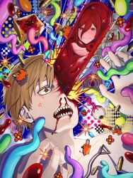 1boy blonde_hair blood blood_on_face bread bread_slice bullet chainsaw chainsaw_man denji_(chainsaw_man) eyeball food highres jam kanta_sushi open_mouth pochita_(chainsaw_man) pull_string red_eyes reze_(chainsaw_man) sharp_teeth short_hair teeth toast