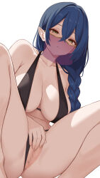 1girl be9459 bikini bikini_bottom_aside black_bikini blue_hair braid breasts censored clothing_aside collarbone commentary_request commission crossed_bangs green_eyes hair_between_eyes highres large_breasts mosaic_censoring mouth_veil original pointy_ears purple_veil side_braid simple_background single_braid skeb_commission solo squatting stomach swimsuit thighs veil white_background