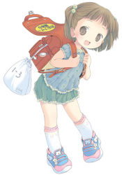 1girl backpack bag brown_eyes brown_hair child female_focus kneehighs original pop randoseru short_hair short_twintails socks solo twintails