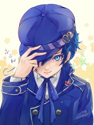 1girl adjusting_clothes adjusting_headwear blue_eyes blue_hair blue_hat blue_jacket blue_ribbon blush buttons cabbie_hat close-up collared_shirt colored_eyelashes crossdressing crown detective gold_buttons hand_on_headwear hand_up hat hat_ornament hat_over_one_eye heart heart_hat_ornament highres jacket light_blush long_sleeves looking_at_viewer neck_ribbon persona persona_4 qoo1234 reverse_trap ribbon shirogane_naoto shirt short_hair smile solo sparkle star_(symbol) star_symbol_background tomboy white_shirt