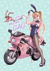 Rule 34 | 1girl, absurdres, animal ear hairband, animal ears, arm up, bakuon!!, black bow, black bowtie, black footwear, black leotard, black pantyhose, blonde hair, bow, bowtie, breasts, brown eyes, cleavage, commentary, detached collar, english commentary, fake animal ears, fishnet pantyhose, fishnets, full body, hairband, hashtag-only commentary, high heels, highres, leotard, long hair, looking at viewer, memphis design, motor vehicle, motorcycle, on motorcycle, pantyhose, playboy bunny, rabbit ears, sakuma masanori, side-tie leotard, solo, standing, strapless, strapless leotard, suzuki (company), suzunoki rin, twintails, vehicle focus, wrist cuffs