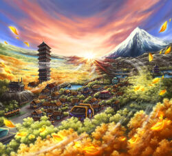 absurdres autumn bell_tower_(pokemon) brass_tower_(pokemon) building cityscape door ecruteak_city harada_midori highres house leaf mountain nintendo no_humans official_art outdoors pokemon pokemon_center pokemon_gym pokemon_hgss pokemon_mart road rooftop scenery sky stairs sun third-party_source tower tree twilight wind window