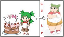 1girl 4chan arrow_(projectile) cake comic fat female_focus food green_eyes green_hair koiwai_yotsuba matching_hair/eyes moot solo tongue tongue_out vore white_background yotsubato!