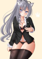 Rule 34 | 1girl, animal ear fluff, animal ears, black bra, black jacket, black panties, black pantyhose, black ribbon, bow, bow bra, bra, breasts, brown background, cleavage, closed mouth, clothes pull, collarbone, collared shirt, commentary, dress shirt, frilled sleeves, frills, grey eyes, grey hair, hair ribbon, highres, hololive, hololive indonesia, jacket, kazenokaze, kemonomimi mode, long hair, long sleeves, looking at viewer, medium breasts, navel, no pants, open clothes, open shirt, panties, pantyhose, pantyhose pull, ponytail, ribbon, shirt, simple background, smile, solo, underwear, very long hair, vestia zeta, virtual youtuber, white shirt