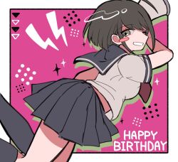 1girl ahoge blue_sailor_collar blue_skirt blue_socks blush blush_stickers border danganronpa_(series) danganronpa_another_episode:_ultra_despair_girls drop_shadow eyelashes green_eyes green_hair happy_birthday holding holding_megaphone kneehighs lightning_bolt_symbol megaphone naegi_komaru neckerchief one_eye_closed red_neckerchief sailor_collar school_uniform serafuku shirt short_hair short_sleeves skirt smile socks solo t41d4 teeth white_border white_shirt