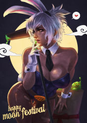 1girl absurdres animal_ears bare_shoulders battle_bunny_riven belt black_necktie blue_leotard breasts cleavage dark-skinned_female dark_skin detached_collar fake_animal_ears full_moon gloves half_updo heart highres large_breasts league_of_legends leaning leaning_forward leotard lips lipstick looking_to_the_side makeup mochitsuki monori_rogue monster_boy moon neck necktie nose orange_eyes original pantyhose playboy_bunny rabbit_ears red_lips riven_(league_of_legends) short_hair single_glove slime_(creature) slime_(substance) solo_focus spoken_heart standing strapless strapless_leotard thigh_gap white_gloves white_hair wrist_cuffs zac_(league_of_legends)