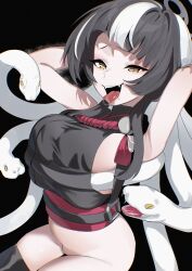 1girl azami_(blue_archive) black_hair blue_archive breasts erory6_(ro) forked_tongue grey_halo halo highres japanese_clothes large_breasts looking_at_viewer mole mole_under_mouth multicolored_hair no_panties no_pants sideboob slit_pupils snake_hair solo tongue tsurime two-tone_hair white_hair yellow_eyes