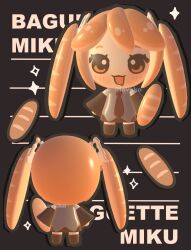 1girl 3d absurdres adapted_costume alternate_hair_color alternate_hairstyle baguette blush bread bread_hair chibi chibi_only commentary detached_sleeves food hatsune_miku highres lavy_(lavnko) necktie outline skirt sparkle twintails vocaloid white_outline