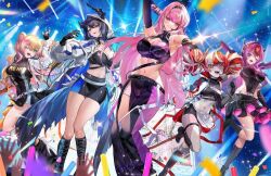 5girls alternate_costume arm_behind_head armpits asymmetrical_bangs asymmetrical_horns belt black_choker black_gloves black_hair black_hairband black_pants black_skirt black_tube_top blonde_hair blue_hair breasts character_name choker cleavage cleavage_cutout clothing_cutout collared_halterneck colored_inner_hair commentary cowboy_shot crop_top cropped_jacket demon_horns double_bun fingerless_gloves flower gloves group_picture hair_bun hairband hanh_chu headset hololive hololive_english hood hood_up hooded_jacket horn_flower horns irys_(hololive) jacket kureiji_ollie large_breasts light_blush long_hair long_sleeves looking_at_viewer midriff miniskirt mole mole_under_eye momosuzu_nene mori_calliope multicolored_hair multiple_girls navel nerissa_ravencroft official_alternate_costume one_eye_closed open_clothes open_jacket open_mouth outstretched_arm pants pencil_skirt pink_eyes pink_hair purple_eyes purple_hair red_eyes red_hair skirt smile stitched_face stitches strap strapless tube_top two-tone_hair uneven_horns very_long_hair virtual_youtuber white_jacket zombie