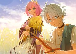 1boy 1girl absurdres ahoge black_choker blue_eyes blue_sky branch choker coat cyrene_(honkai:_star_rail) highres holding holding_branch holding_knife holding_wheat honkai:_star_rail honkai_(series) kk_(kkgame7733) knife neck_tattoo outdoors phainon_(honkai:_star_rail) purple_coat short_hair sky smile tattoo wheat_field