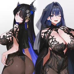 2girls ;d absurdres ai-generated_art_(topic) alternate_costume ass asymmetrical_horns black_bodysuit black_cloak black_hair blue_eyes blue_hair blush bodysuit breasts cho_913 chronopattern_dress cleavage cloak closed_mouth colored_inner_hair commentary cowboy_shot demon_horns flower from_behind hair_intakes highres hololive hololive_english horn_flower horns large_breasts long_hair looking_at_viewer looking_back meme_attire mole mole_under_eye multicolored_hair multiple_girls nerissa_ravencroft one_eye_closed open_mouth ouro_kronii red_eyes revision see-through_bodysuit see-through_clothes short_hair simple_background smile solo teeth uneven_horns upper_teeth_only very_long_hair virtual_youtuber white_background