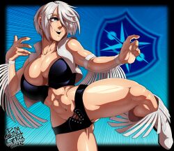 1girl abs absurdres angel_(kof) biceps boots breasts cosplay cowboy_boots dead_or_alive hair_over_one_eye highres large_breasts muscular muscular_female navel obliques pltnm_ghost snk the_king_of_fighters thick_thighs thighs tina_armstrong tina_armstrong_(cosplay) toned wrestling wrestling_boots wrestling_outfit