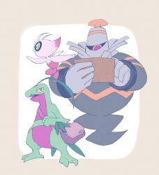 Rule 34 | alternate color, bag, black sclera, blue eyes, brown bag, celebi, colored sclera, colored skin, dusknoir, floating, full body, gen 2 pokemon, gen 3 pokemon, gen 4 pokemon, green skin, highres, holding, leaf, legendary pokemon, looking at another, looking at map, mythical pokemon, nintendo, no humans, open mouth, pink skin, pointing, pokemon, pokemon (creature), rokkoron, sceptile, shiny pokemon, shoulder bag, standing, yellow eyes, yellow sclera